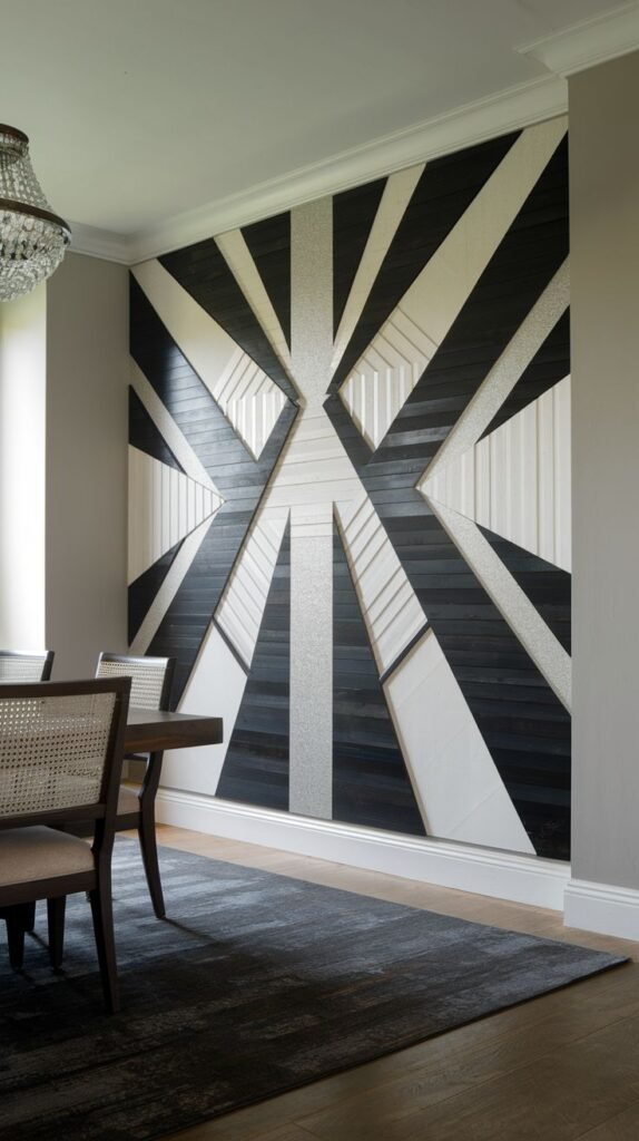 A dining room accent wall featuring a bold black and white radial geometric wood panel design, incorporating smooth, textured, and possibly glitter-enhanced sections.