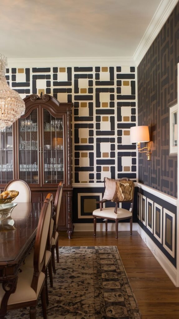 A dining room featuring graphic wallpaper above a wainscoting section, showing a bold, high-contrast geometric pattern of black, white, and gold interlocking shapes.