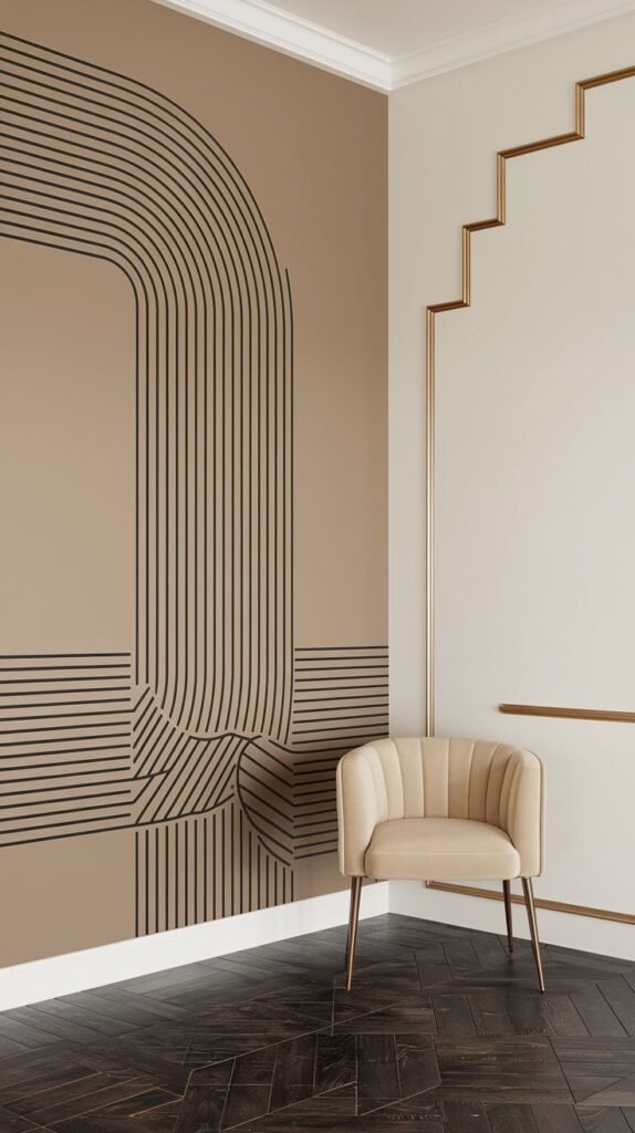 A modern, minimalist accent wall in a tan hue, featuring a large abstract mural composed of thick black parallel lines forming curves and flowing geometric shapes.