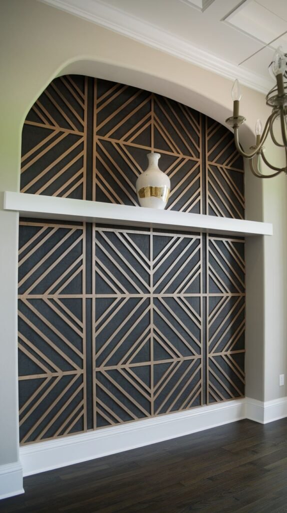 A feature wall set within an architectural arch, showcasing a dark background overlaid with a light wood geometric lattice pattern radiating from central points.