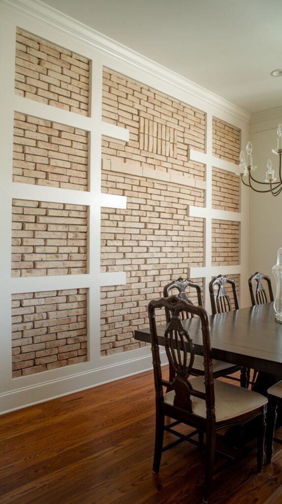 An exposed wall constructed of light tan brick, segmented and framed into large panels by thick, contemporary white architectural trim.