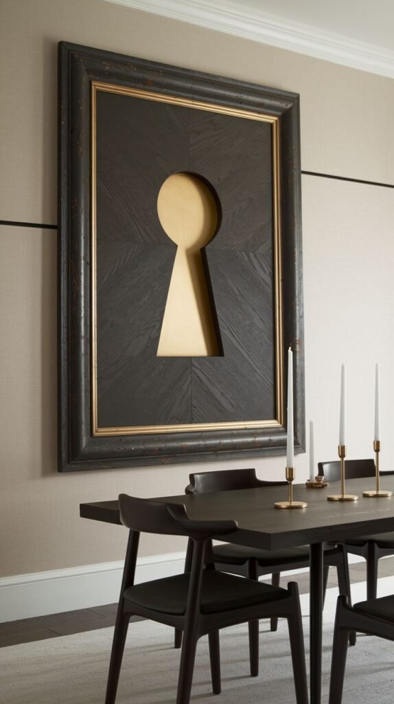 A contemporary wall featuring an oversized, framed dark wood panel with a gold-backed keyhole cutout as the central artistic element.