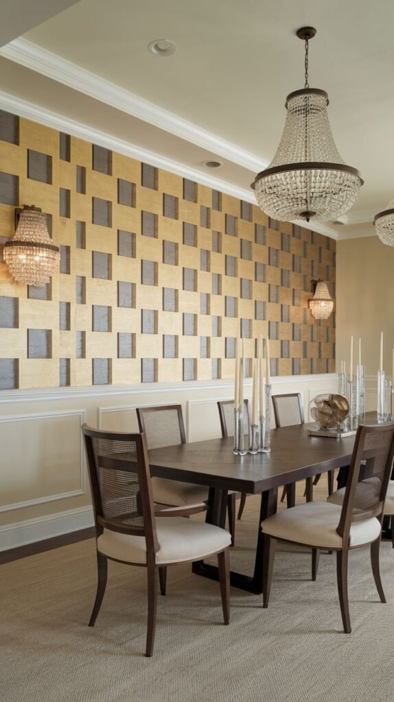 A dynamic accent wall treatment combining a metallic gold background with projecting, textured square panels in a gray tone, creating a 3D checkerboard effect.