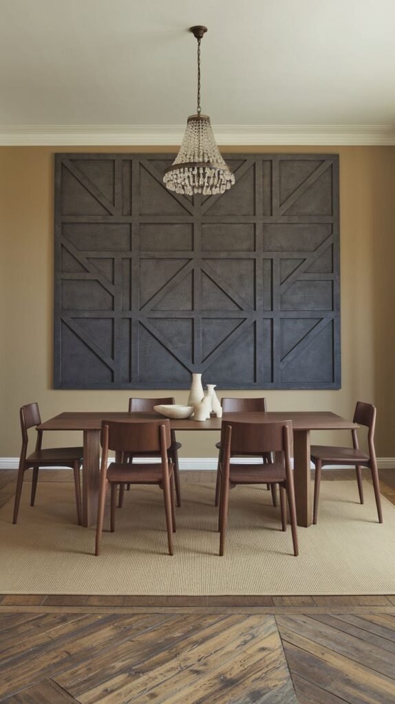 A minimalist accent featuring a large, square dark gray wood panel adorned with a structured geometric grid of straight and diagonal raised lines.