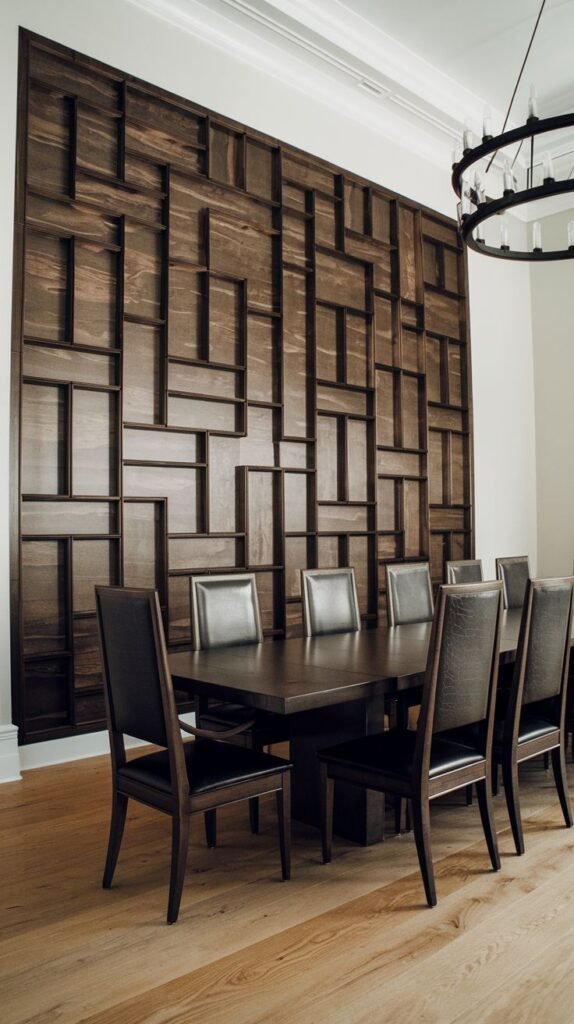 A striking floor-to-ceiling wall covered in dark wood paneling carved into a dense, high-relief geometric maze or labyrinth pattern.