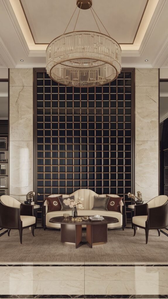 A luxurious accent wall (possibly in a lounge or formal area) featuring large, dark square panels with a padded, quilted texture (likely leather or velvet), framed by lighter marble slabs.