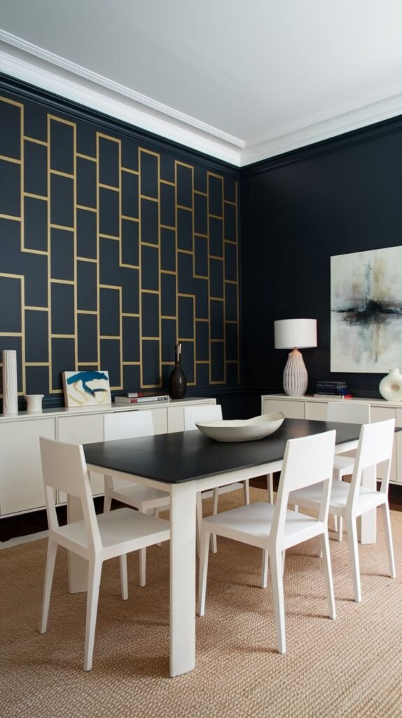 A modern dining room wall painted in dark navy or black, decorated with a repeating pattern of thin golden lines forming a stacked rectangular grid.
