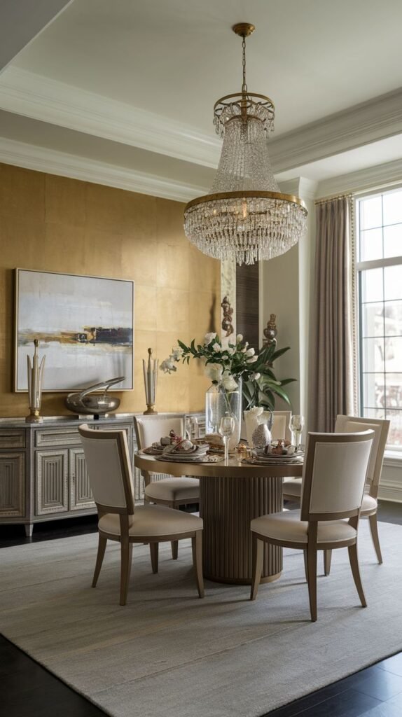 A dining room accent wall covered completely in textured, high-sheen metallic gold leaf or paint, serving as a vibrant backdrop for abstract art.