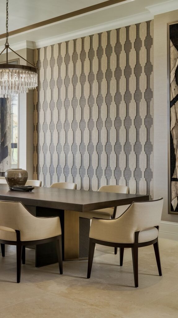 A wall covered in wallpaper featuring repeating vertical rows of elongated, connected ogee or capsule shapes in alternating shades of beige/taupe and gray.