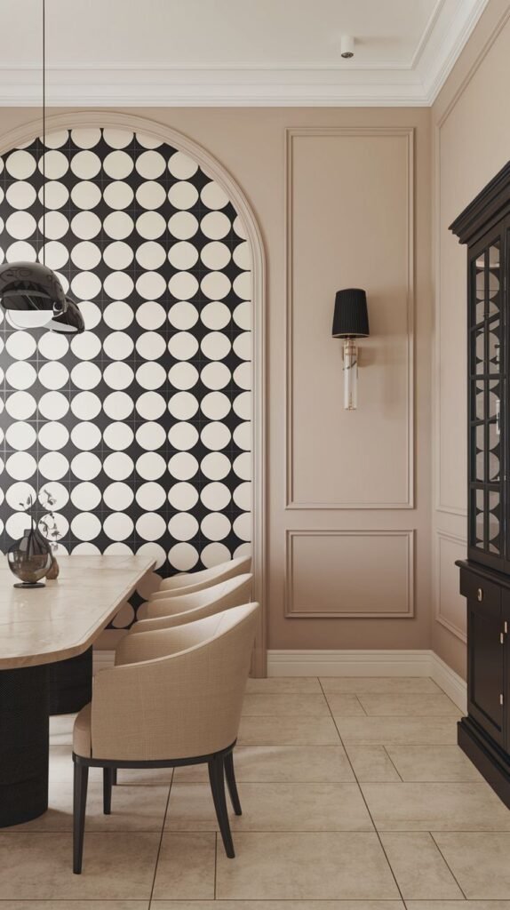A beige-painted room featuring an arched niche area covered in bold black and white tiles or wallpaper with a large circle (polka dot) pattern.