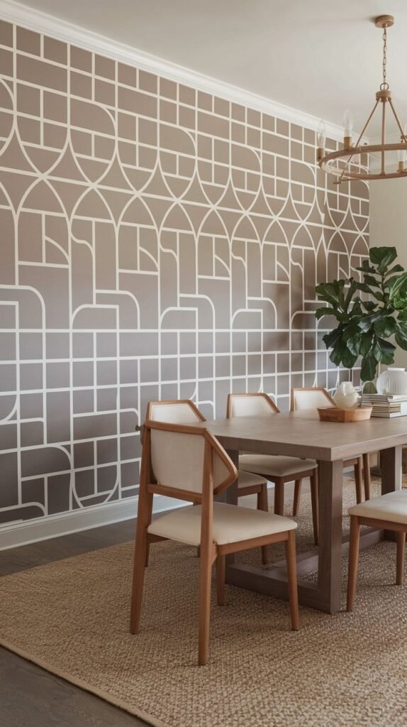 A contemporary wall featuring subtle taupe/brown gradient wallpaper overlaid with bold white geometric lines forming intricate, interlocking square and curved patterns.