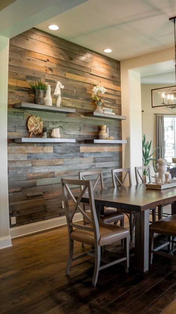 A rustic accent wall covered in horizontal reclaimed wood planks of various colors, interrupted by two sleek, floating gray shelves.