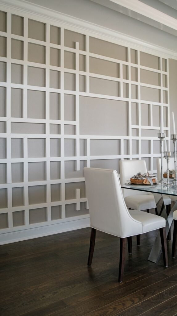 A light neutral wall featuring applied white molding trim pieces arranged in a modern, asymmetrical grid pattern with rectangles and squares of varying sizes.