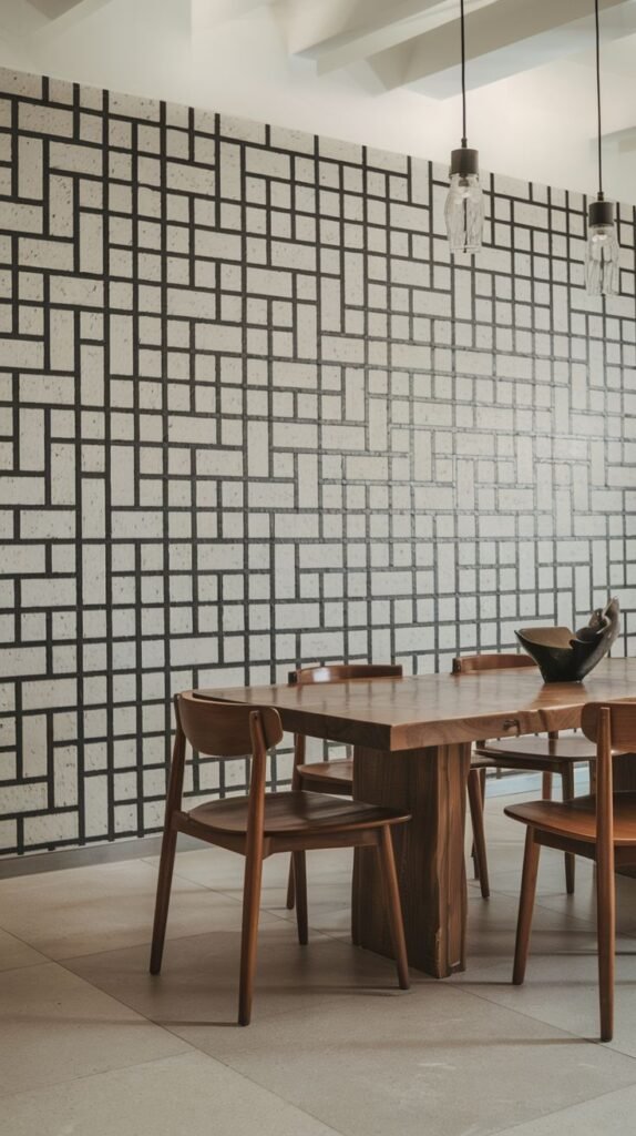 A wall with light-colored, textured tiles or blocks where thick dark lines form a complex, tight geometric grid resembling a detailed mosaic or map.