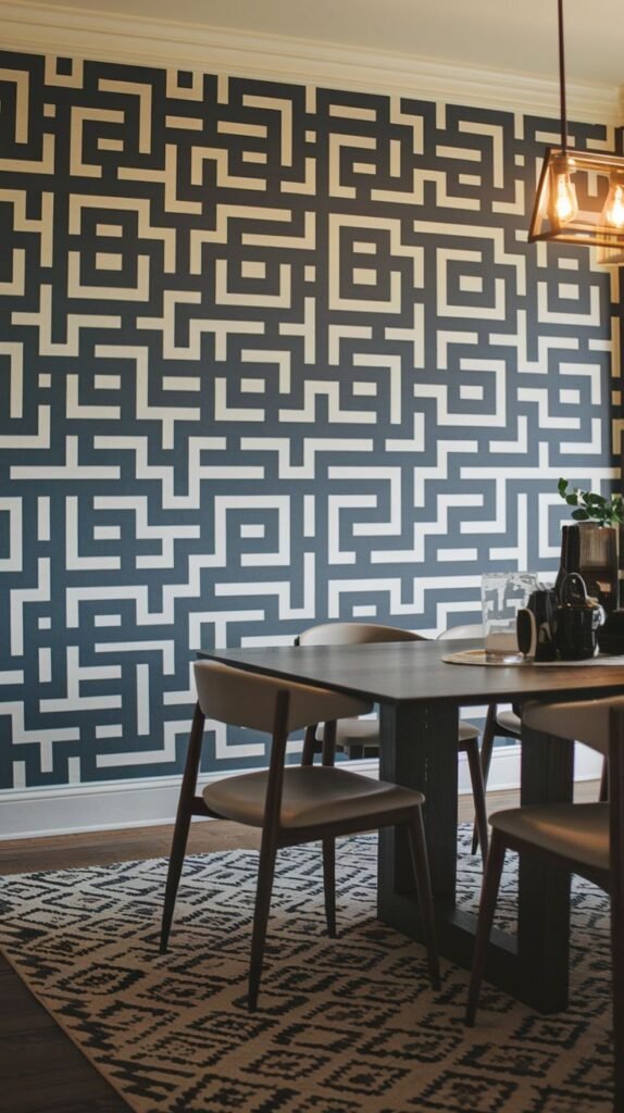 A full accent wall covered in high-contrast wallpaper featuring a dense, repeating white geometric labyrinth or maze pattern on a dark blue background.