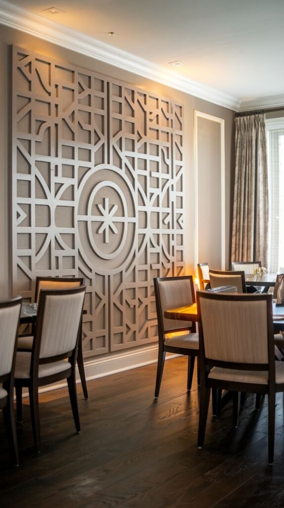 A neutral-toned accent wall featuring a large, centralized architectural panel with intricate geometric cutout patterns radiating from a central circular medallion/starburst.
