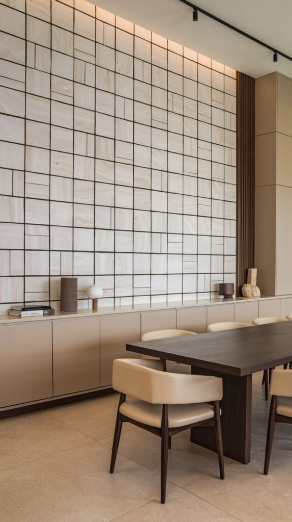 A high-end dining area featuring a full wall of light-colored textured stone or tile blocks segmented by a precise dark grid pattern, with subtle backlighting along the top.