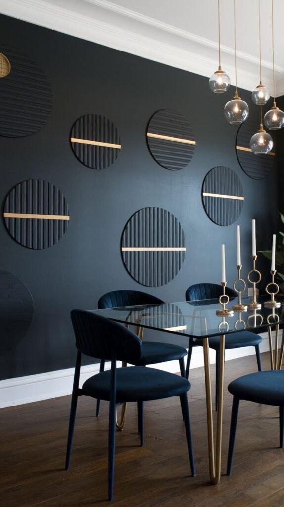 A matte black wall decorated with an arrangement of raised, circular, vertically ribbed wall panels, each highlighted by a thin horizontal gold metallic strip.
