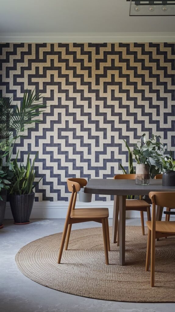 A dining room wall featuring bold wallpaper with a continuous, dense, stepped zigzag or crenellated pattern in dark blue and off-white.