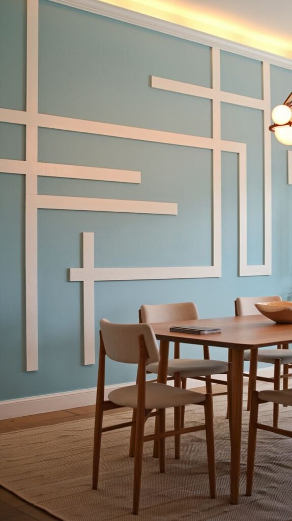 A pastel blue painted wall adorned with white applied molding arranged in an abstract, non-rectilinear, overlapping modern design.