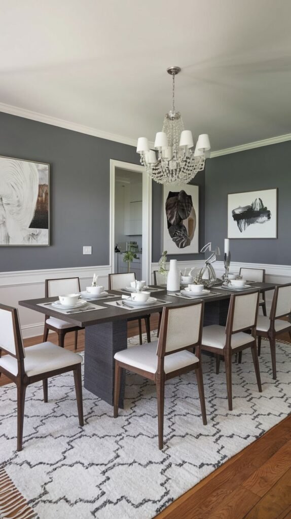 A dining room featuring a solid charcoal gray accent wall serving as a backdrop for abstract artwork, complementing a dark wood table and white dining chairs.