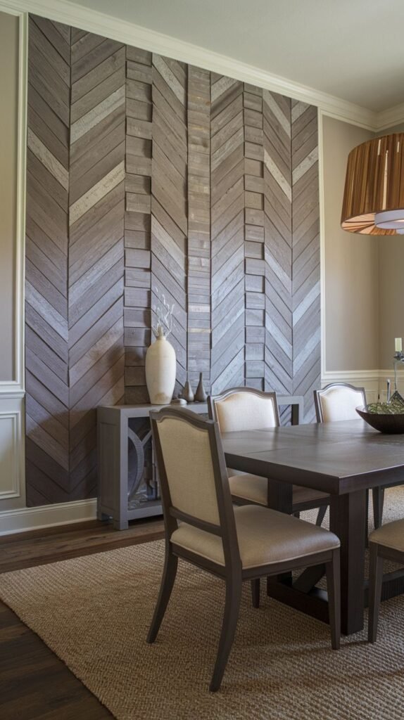 A floor-to-ceiling accent wall covered in distressed gray wood planks arranged in a 3D chevron pattern, with varying depths creating textural relief.