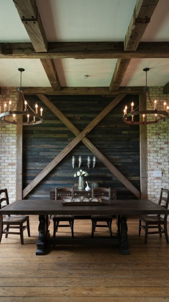 A rustic dining space showcasing a focal wall of dark, horizontal wood planks crossed by massive, exposed diagonal timber beams (X-shape), flanked by exposed brick.