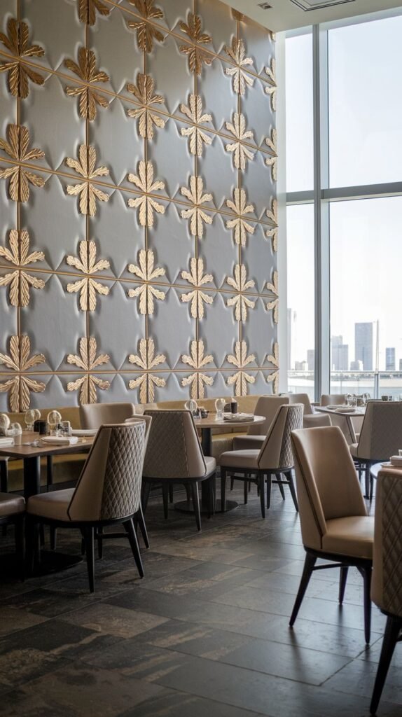 A sophisticated wall treatment using large, repeating light gray square panels embossed with sculptural golden leaf motifs.