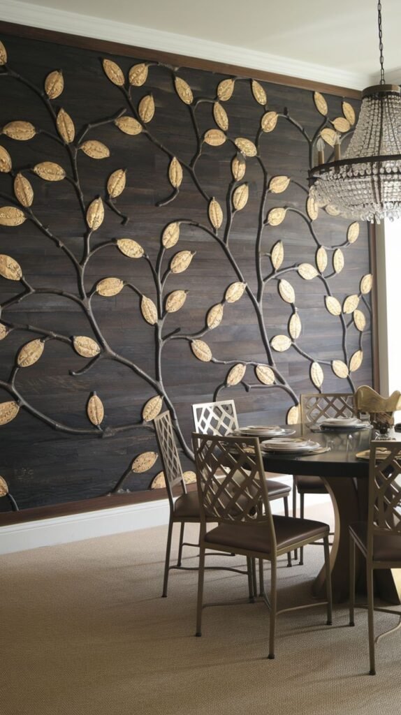 A dramatic dining wall featuring dark wood paneling overlaid with an elaborate, life-sized sculptural tree branch pattern adorned with metallic gold leaves.