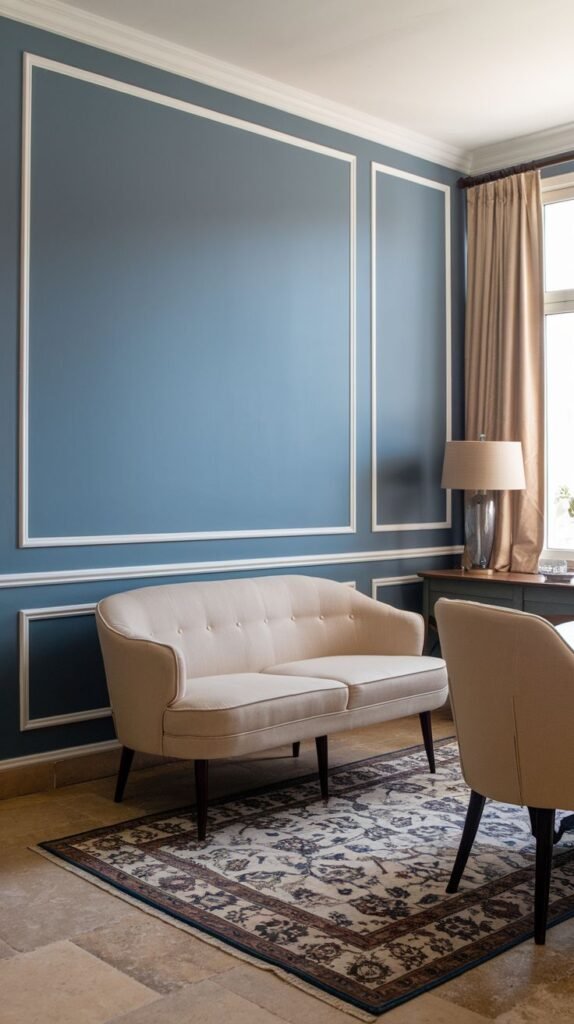A classic dining room wall painted a deep, dusty blue (indigo), structured by traditional white architectural molding defining rectangular panels.
