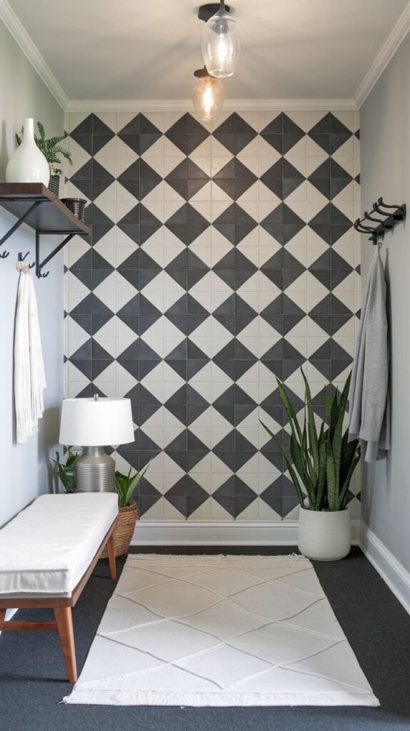 Small entryway accent wall covered entirely in black and white square tiles laid diagonally to create a graphic checkerboard diamond pattern.