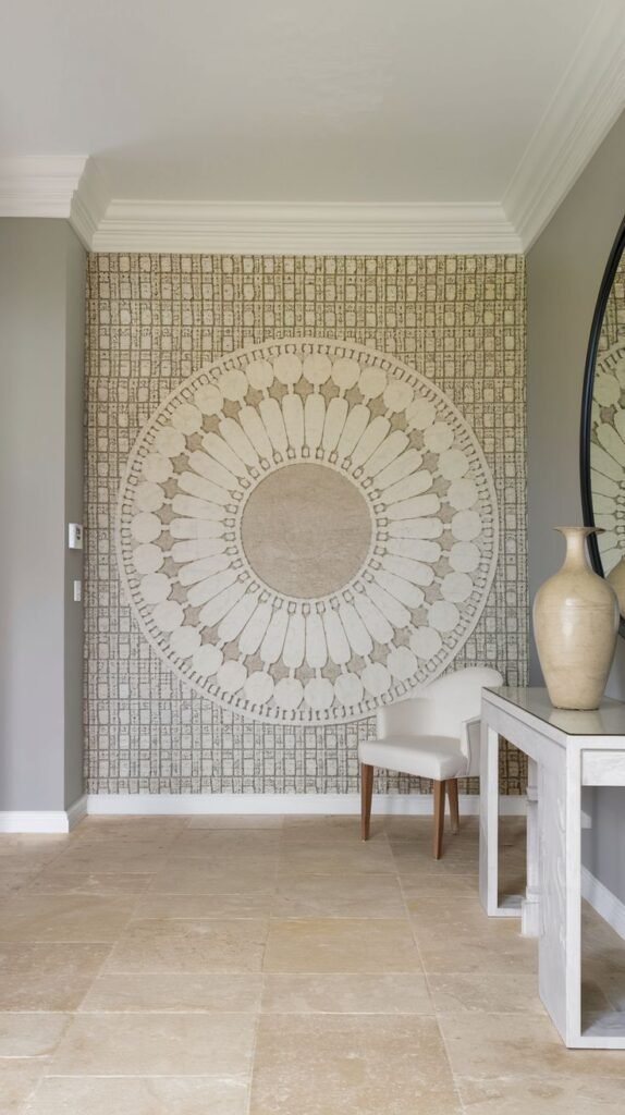 Entryway accent wall featuring a light-colored, textural geometric pattern wallpaper with a dominant, oversized central circular medallion motif.