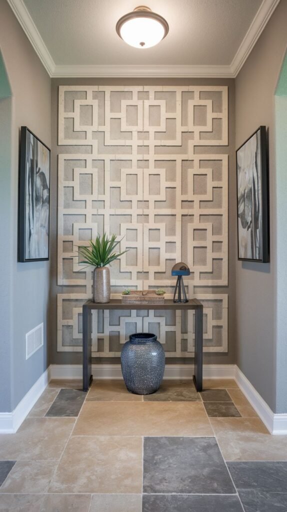 Entryway accent wall featuring a framed, light-colored panel covered in intricate, interlocking square and rectangular fretwork or latticework overlay.