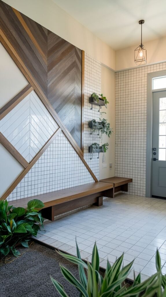 Mudroom accent wall divided into large geometric sections, combining dark wood chevron paneling and sections of white square tile laid diagonally.