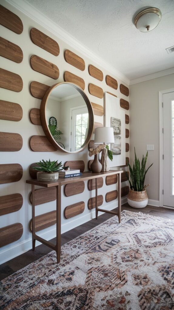 Entry hall accent wall decorated with floating horizontal rounded wooden planks against a light background, featuring a round mirror and a console table.