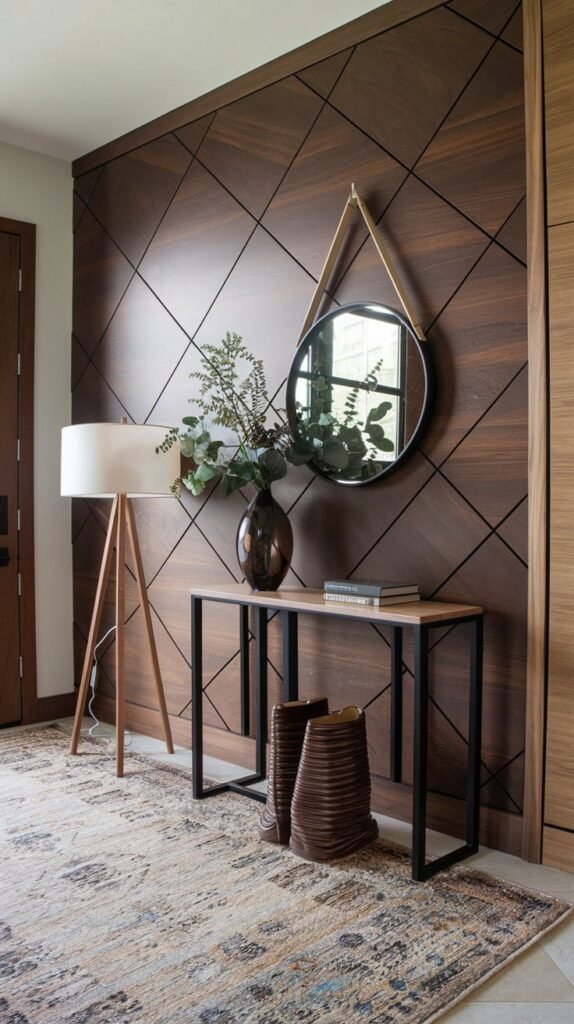 Luxurious entryway accent wall clad in dark, warm wood paneling, subtly delineated by thin lines forming a large, repeating diamond grid pattern.