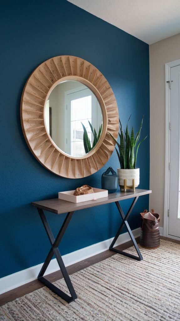 Vibrant, textured deep blue accent wall serving as a background for a large round mirror with a sculptural wooden frame, placed above an industrial console table.