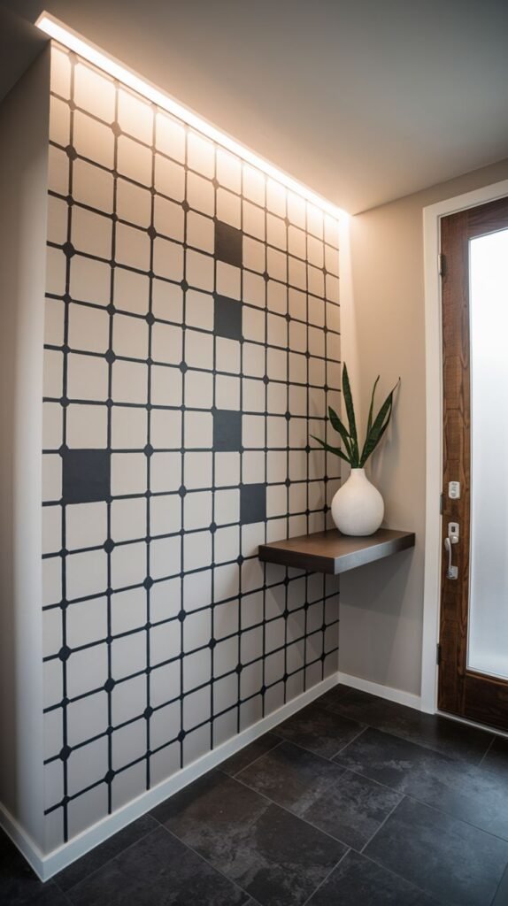 Minimalist entryway accent wall featuring a light-colored surface with a painted dark, rounded grid pattern, illuminated brightly by strip lighting along the ceiling edge.