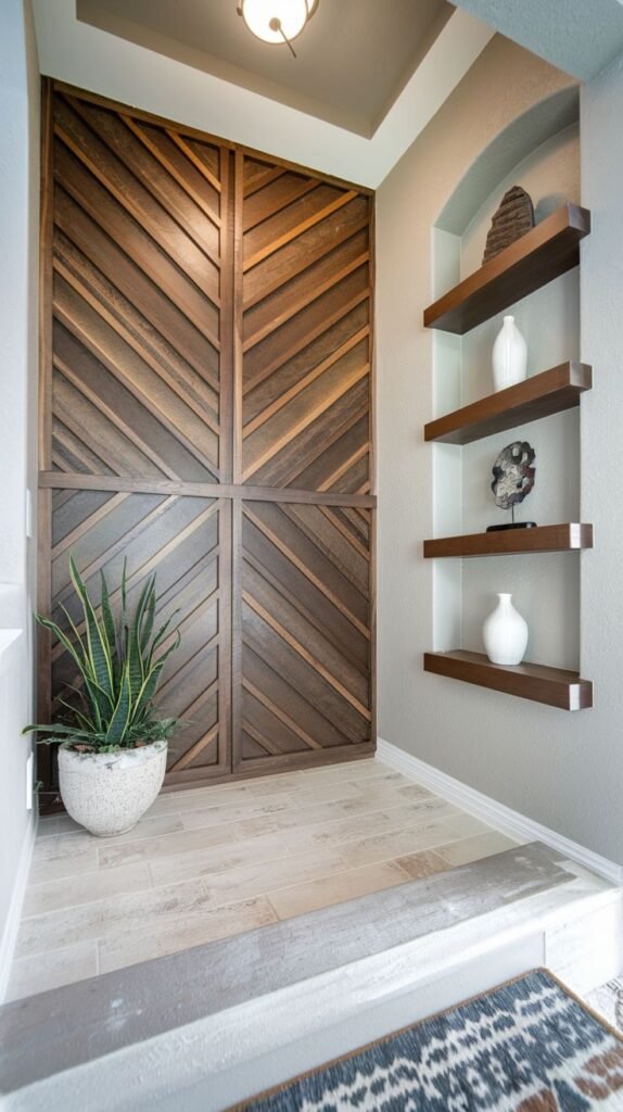 Accent wall divided into four quadrants, featuring wood planks arranged diagonally within each quadrant, creating a central radiating pattern in medium-toned wood.