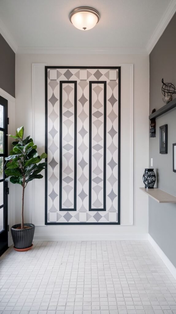 Central accent panel formally framed in white and black trim, featuring a repeating interior pattern of vertical gray stripes and segmented diamond/arc shapes.