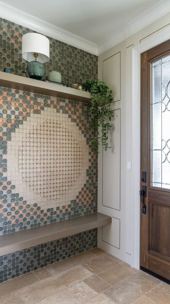 Entryway wall covered entirely in small mosaic tiles in earthy tones (green, coral, tan), centered around a large circular pattern formed by lighter tiles, with a shelf and bench below.