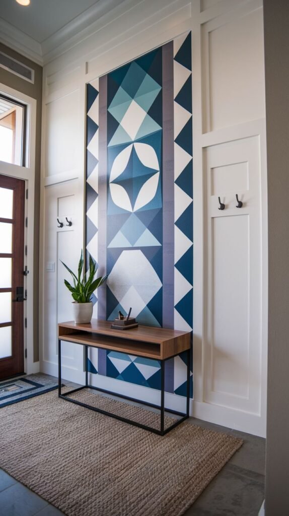Tall entryway accent panel featuring a blue and white geometric quilt pattern mural, flanked by white board and batten paneling, above a console table.