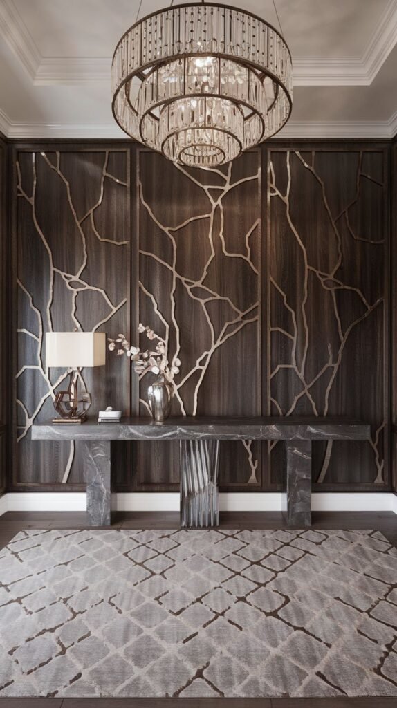 Elegant entryway accent wall featuring dark wood paneling with decorative golden or light-colored organic, branching vein-like inlay running across the surface, below a multi-tiered chandelier.