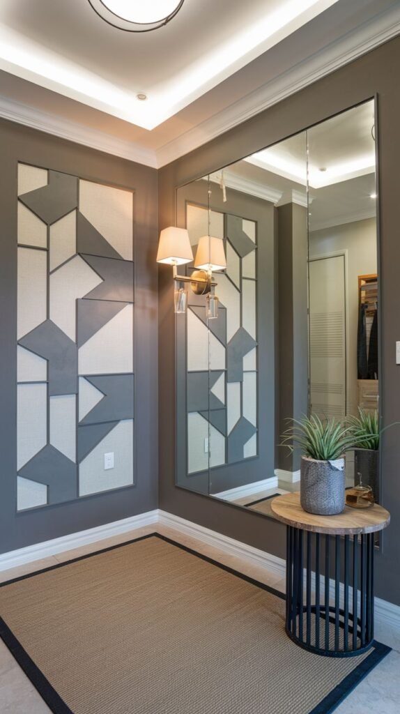Corner entryway painted gray, featuring two framed rectangular panels filled with gray and light-colored abstract geometric and triangular shapes, next to a full-height mirror.