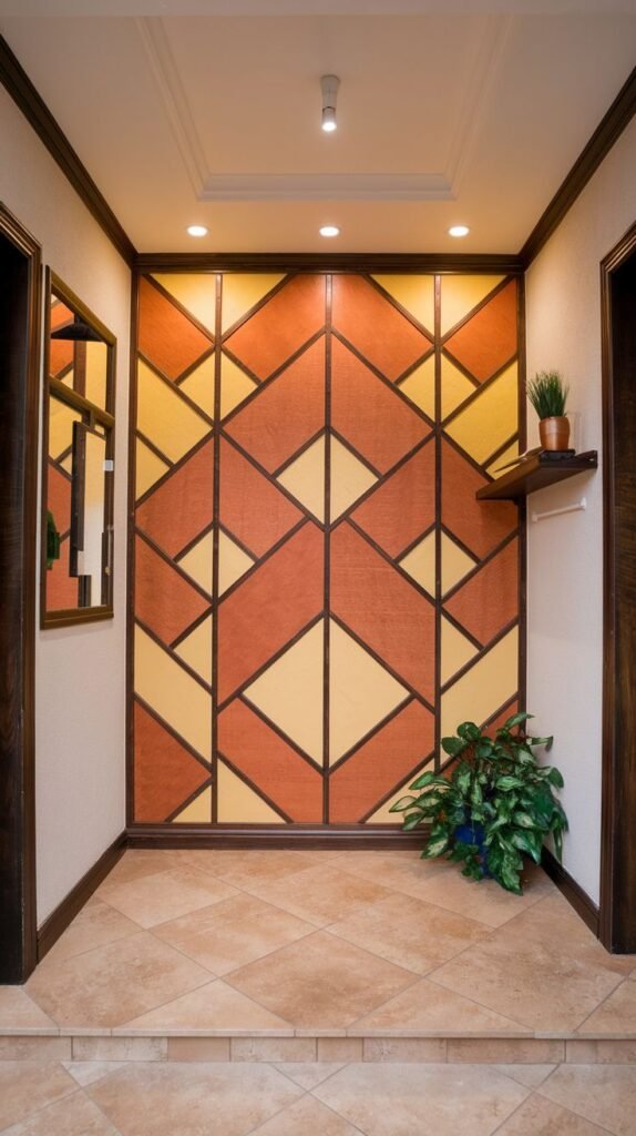 Hallway accent wall with a geometric mosaic pattern composed of interlocking diamonds and squares filled with rust-orange and pale yellow/gold colors, framed by dark wood trim.