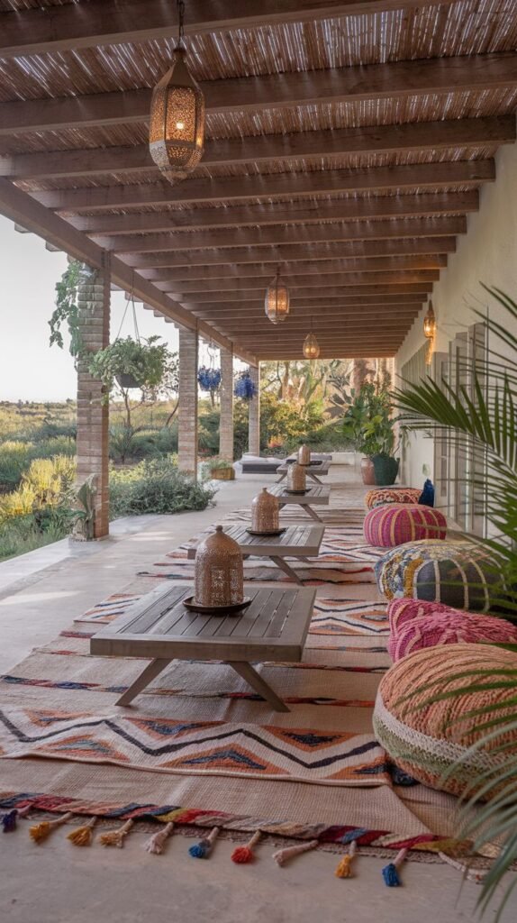 Long, narrow covered patio with layered patterned rugs, low wooden tables, colorful round poufs, and hanging Moroccan lanterns. The ceiling is slatted wood.