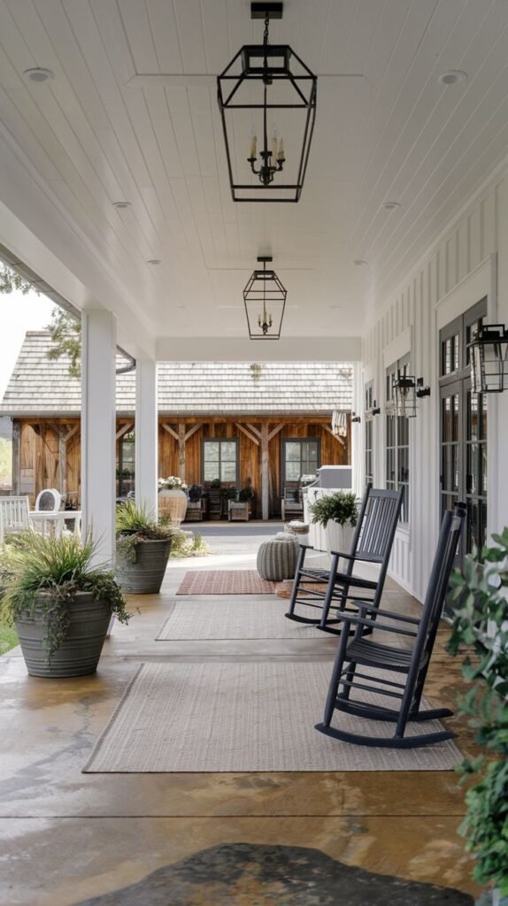 Long farmhouse-style covered porch with white paneling, black rocking chairs, large planters, and black geometric hanging lanterns.