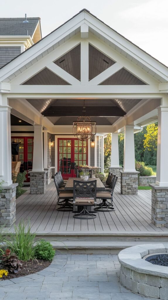 Elevated outdoor dining pavilion with a white gable roof structure, supported by columns set on stacked stone bases, with a deck floor leading to a circular stone fire pit.