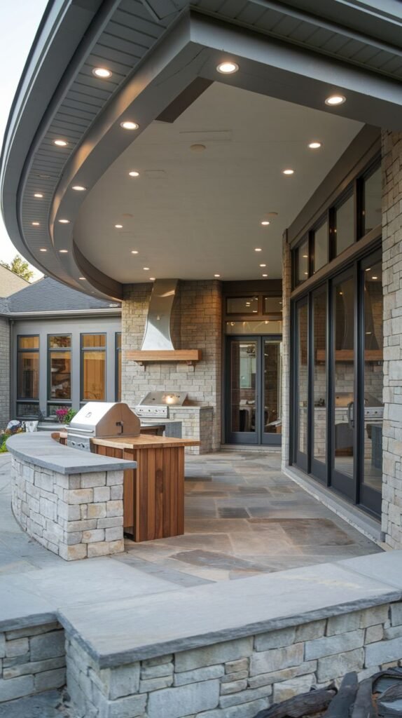 Curved, contemporary outdoor kitchen patio with a smooth ceiling embedded with many recessed lights, stone cladding, and a high-end built-in grill and hood.