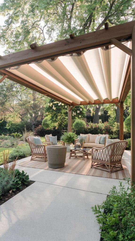 Wooden pergola structure in a garden setting featuring a retractable, striped fabric canopy providing shade over a conversational seating arrangement on an outdoor rug.